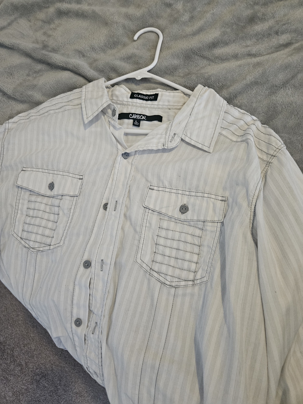 Carbon Men's Light Gray Striped Button-Down Shirt with Chest Pockets